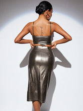 Women's Metallic Texture Criss-Cross Camisole Top And Split Skirt Set